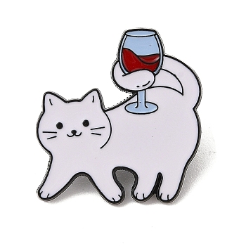 Drunk Cat Shaped Alloy Brooch, Kitten with Wine Goblet Enamel Pins, for Backpack, Clothes, White, 30x30mm