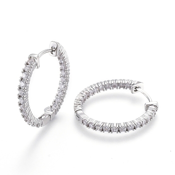 Brass Micro Pave Clear Cubic Zirconia Huggie Hoop Earrings, Ring Shape, Platinum, 24x2.5~3mm, Pin: 0.8mm