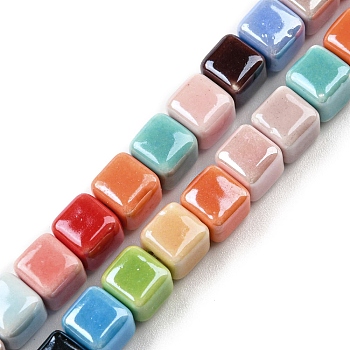 Handmade Procelain Beads Strands, Cube, Mixed Color, 6x6~7x6~7mm, Hole: 2mm, about 50pcs/strand, 12.24''(31.1cm)