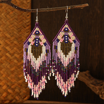 Bohemian Style Purple Pink Glass Bead Tassel Earrings for Women, Purple, 120x35mm