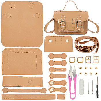 DIY Imitation Leather Satchel Making Kits, including Fabrics, Adjustable Shoulder Straps, Cotton Threads, Needles, Scissor, Screwdriver, Buckles, Tan