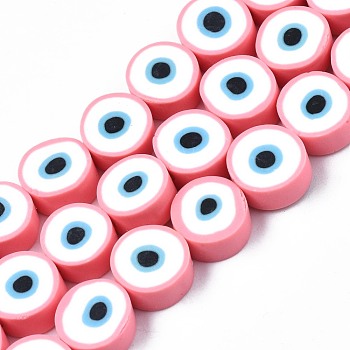 Handmade Polymer Clay Beads Strands, Flat Round with Eye, Pink, 8~11x4mm, Hole: 1.2mm, about 40pcs/strand, 13.98 inch~ 15.35inch(35.5cm~39cm)
