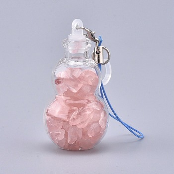 Transparent Glass Wishing Bottle Pendant Decoration, with Natural Rose Quartz Chips inside, Plastic Plug, Nylon Cord and Iron Findings, Gourd, 111~130mm