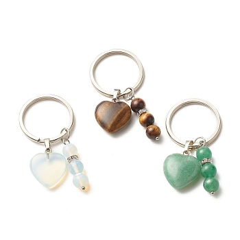 Natural & Synthetic Gemstone Keychain, with Iron Split Key Rings, Heart, 6.4~6.5cm