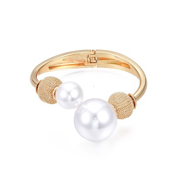 ABS Plastic Pearl Round Beaded Open Cuff Bangle, Brass Chunky Hinged Bangle for Women, Golden, Inner Diameter: 1-7/8x2-3/8 inch(4.7x5.9cm)