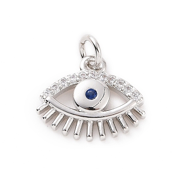 Brass Micro Pave Cubic Zirconia Charms, with Jump Ring, Evil Eye Charm, Platinum, 11x13x2mm, Hole: 2.8mm