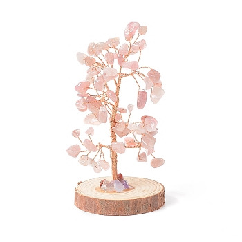 Natural Rose Quartz Chips with Brass Wrapped Wire Money Tree on Wood Base Display Decorations, for Home Office Decor Good Luck, 51.5~75x115mm