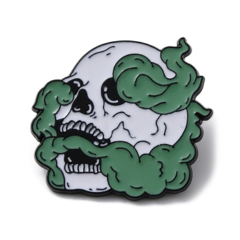 Halloween Alloy Enamel Smoky Skull Brooch Pins, for Backpack, Clothes, Green, 27x30x1.5mm