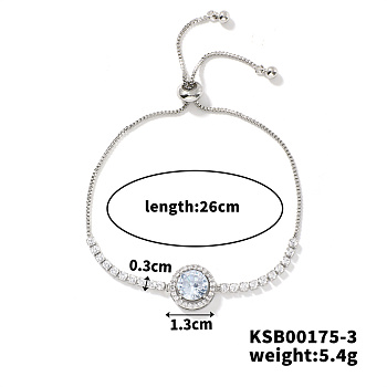 Adjustable Brass Rhinestone Link Slider Bracelets for Women, Light Sapphire, 10-1/4 inch(26cm)