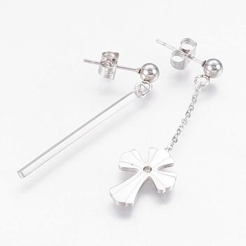(Jewelry Parties Factory Sale)304 Stainless Steel Dangle Stud Earrings, Asymmetrical Earrings, Strip and Cross, Stainless Steel Color, 38~41mm, Pin: 0.7mm