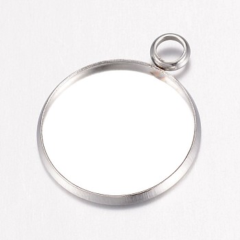 304 Stainless Steel Pendant Cabochon Settings, Plain Edge Bezel Cups, Flat Round, Stainless Steel Color, Tray: 18mm, 24x20x1.8mm, Hole: 3.5mm