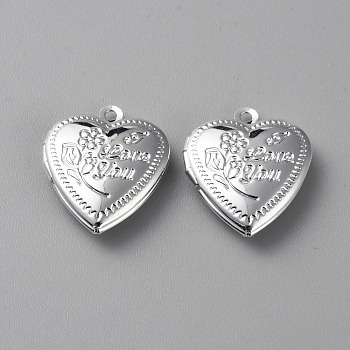 Valentine's Day Brass Locket Pendant, Photo Frame Charms for Necklaces, Heart with Flower & Word Love You, Platinum, 22.5x19x6mm, Hole: 1.5mm, Inner Diameter: 11x13.5mm