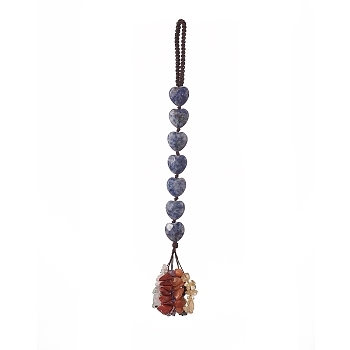 Heart Natural Blue Spot Jasper & Mixed Stone Chips Tassel Pendant Decorations, Nylon Thread Hanging Ornament, 215~220mm