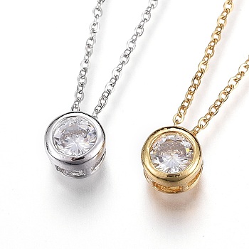 304 Stainless Steel Pendant Necklaces, with Cubic Zirconia, Flat Round, Clear, Mixed Color, 17.7 inch(45.2cm)
