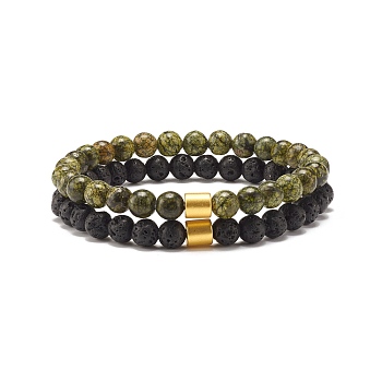 2Pcs 2 Style Natural Serpentine/Green Lace & Lava Rock Round Beaded Stretch Bracelets Set with Column Synthetic Hematite, Oil Diffuser Power Stone Jewelry for Women, Inner Diameter: 2~2-3/8 inch(5.2~6cm)