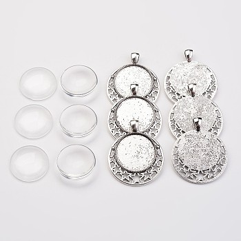 Bubble Locket Alloy Pendant Cabochon Bezel Settings, Clear Glass Cabochons, Flat Round, Antique Silver, 44.5x36x2.5mm, Hole: 6.5x3mm, Glass Cabochons: 25x7mm, 6sets/bag