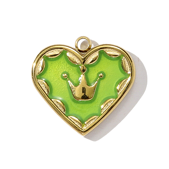 304 Stainless Steel Enamel Pendants, Heart with Crown Charms, Ion Plating(IP), Real 18K Gold Plated, Lime, 15x14mm