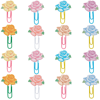 80Pcs Plastic Paper Clips, Bookmark Marking Clips, with Wood Rose, Mixed Color, 41x28x3.5mm