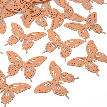 Spray Painted 430 Stainless Steel Filigree Joiners Links, Etched Metal Embellishments, Butterfly, Light Salmon, 35x44x0.4mm, Hole: 1~1.6mm