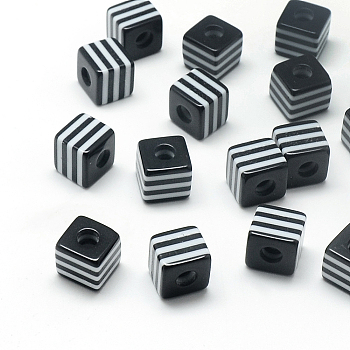 Opaque Stripe Resin Beads, Cube, Black, 10x10x9mm, Hole: 4mm