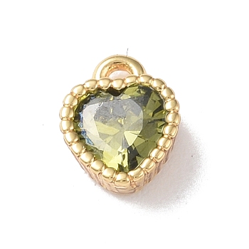 Brass Charms, with Glass, Heart Charm, Real 18K Gold Plated, Yellow Green, 8x6x3mm, Hole: 1mm