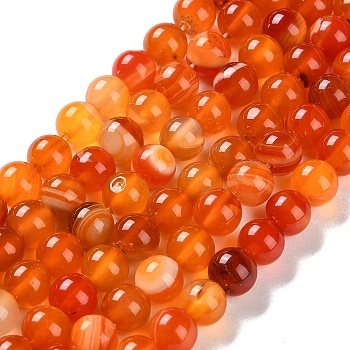 Natural Striped Agate/Banded Agate Beads Strands, Dyed, Round, Orange Red, 8mm, Hole: 1.2mm, about 24pcs/strand, 7.48''(19cm)