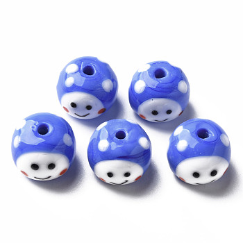 Handmade Lampwork Beads, Round with Cartoon Face, Royal Blue, 13~14x10mm, Hole: 2mm