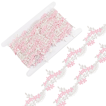 5 Yards Polyester Embroidery Lace Trim, for Jewelry Making, Flower Shape, Garment Accessories, with 1Pc Cardboard Display Card, Pink, 6.5~47x1mm
