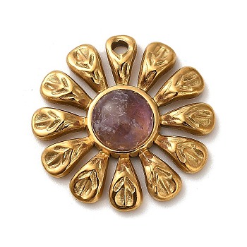 Natural Amethyst Flower Pendants, 304 Stainless Steel Sunflower Charms, Golden, 24x24.5x5.5mm, Hole: 1.8mm