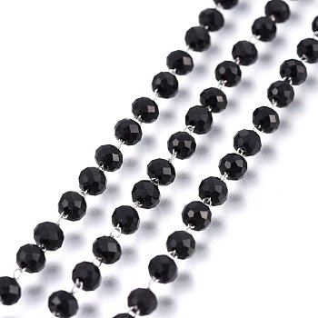 Handmade Glass Beaded Chains, Soldered, with 304 Stainless Steel Findings, Faceted, Rondelle, Stainless Steel Color, Black, 3.5mm, Bead: 3.5x3mm