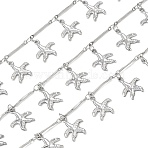 Rack Plating 304 Stainless Steel Bar Link Chain, with Starfish Charm, Soldered, with Spool, Stainless Steel Color, 14x2.5x1mm, about 16.40 Feet(5m)/Roll(CHS-N009-06P)