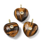 Natural Tiger Eye Pendants, Heart Charms with Brass Micro Pave Clear Cubic Zirconia Findings, Golden, 25.5~26.5x20.5x12~13mm, Hole: 4.5mm(G-B180-03G-11)