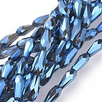 Electroplate Transparent Glass Beads Strands, Full Rainbow Plated, Faceted, Faceted, Teardrop, Dodger Blue, 9~10x4mm, Hole: 0.8mm, about 64~66pcs/strand, 60~62cm(EGLA-L015-FR-A03)