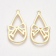 Brass Pendants, Teardrop with Bowknot, Real 18K Gold Plated, 27.5x14x1mm, Hole: 1mm(X-KK-S350-267)