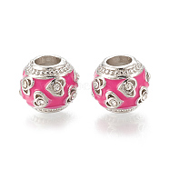 Alloy European Beads, Large Hole Beads, with Rhinestone and Enamel, Rondelle, Platinum, Crystal, Hot Pink, 11x10mm, Hole: 4.5mm(MPDL-S066-021)