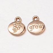 Lead Free & Nickel Free Alloy Oval Charms, Long-Lasting Plated, with Flower Pattern and Word Grow, Light Gold, 13x11.5x2.5mm, Hole: 2mm(PALLOY-J514-05G-FF)