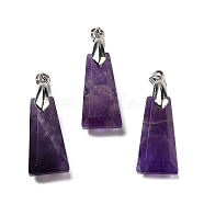 Natural Amethyst Faceted Pendants, Trapezoid Charms with Rack Plating Brass Snap on Bails, Platinum, 34x13x11mm, Hole: 5x3.5mm(G-F774-02C)