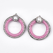 Imitation Leather Pendants, with Polymer Clay & Rhinestone & Pearl & Iron Findings, Imitation Snake Skin, Ring, Deep Pink, 48.5~52.5x45~47x15~17mm, Hole: 1.8mm(X-RB-T006-06B)