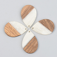 Opaque Resin & Walnut Wood Pendants, Teardrop, Floral White, 35.5x24.5x3mm, Hole: 2mm(RESI-S389-037A-C04)