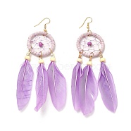 Feather Woven Net Chandelier Earrings, Alloy Long Tassel Drop Earrings for Women, Orchid, 126mm, Pin: 0.6mm(EJEW-H090-01C)