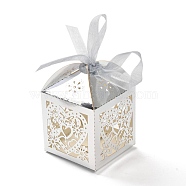 Laser Cut Paper Hollow Out Heart & Flowers Candy Boxes, Square with Ribbon, for Wedding Baby Shower Party Favor Gift Packaging, White, 5x5x7.6cm(CON-C001-03)