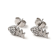 Rhinestone Fishbone Stud Earrings with 316 Surgical Stainless Steel Pins, Stainless Steel Color Plated 304 Stainless Steel Jewelry for Women, Crystal, 10.5x6mm, Pin: 0.7mm(EJEW-A081-13P-02)