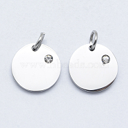 316 Surgical Stainless Steel Pendants, with Cubic Zirconia, Flat Round, Clear, Stainless Steel Color, 12x2mm, Hole: 3mm(STAS-K178-06P)