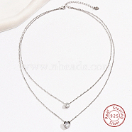 925 Sterling Silver Cable Chains Double Layer Necklaces, with Cubic Zirconia Heart Charms, with S925 Stamp, Silver, 17.72 inch(45cm)(YE3032-1)