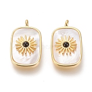 Natural White Shell Pendants, with Natural Black Agate and Brass Findings, Long-Lasting Plated, Real 18K Gold Plated, Rectangle with Sun, 27x16.8x6mm, Hole: 3mm(KK-P184-01B-02G)