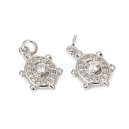 Brass Micro Pave Cubic Zirconia Charms, with Jump Rings, Tortoise, Clear, Platinum, 13.5x8.8x3.2mm, Jump Rings: 4x0.8mm, 2mm inner diameter(ZIRC-L096-03P)