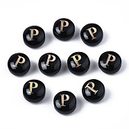 Handmade Lampwork Beads, with Golden Plated Brass Etched Metal Embellishments, Flat Round with Alphabet, Letter.P, 8x5mm, Hole: 0.8mm(LAMP-S196-001P)