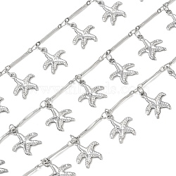 Rack Plating 304 Stainless Steel Bar Link Chain, with Starfish Charm, Soldered, with Spool, Stainless Steel Color, 14x2.5x1mm, about 16.40 Feet(5m)/Roll(CHS-N009-06P)