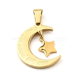 Ion Plating(IP) 304 Stainless Steel Pendant, Moon with Star Charm, Golden, 23.5x18x2mm, Hole: 7x4mm(STAS-H182-04G)
