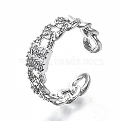 Brass Micro Pave Clear Cubic Zirconia Cuff Rings, Open Rings, Cadmium Free & Nickel Free & Lead Free, Curb Chain Shape, Real Platinum Plated, US Size 9 1/4, 19mm(RJEW-S045-011P-NR)